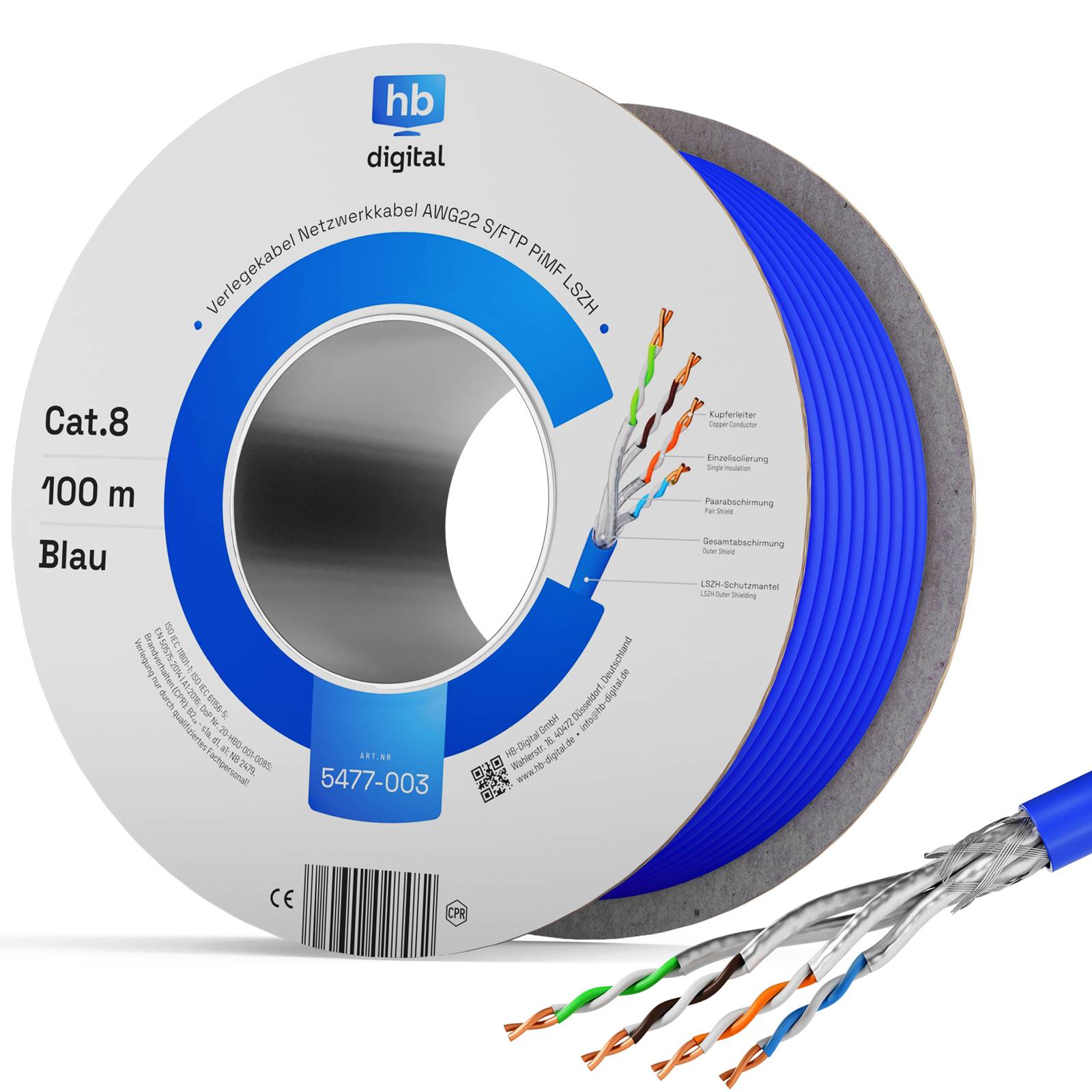 hb-digital CAT 8 Netzwerkkabel 100m Ethernet max. 2000 MHz S/FTP AWG22 LSZH blau-0