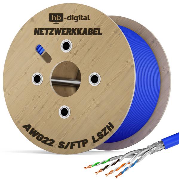hb-digital Netzwerkkabel CAT 8 Datenkabel 500m max. 2000 MHz S/FTP AWG22 LSZH blau