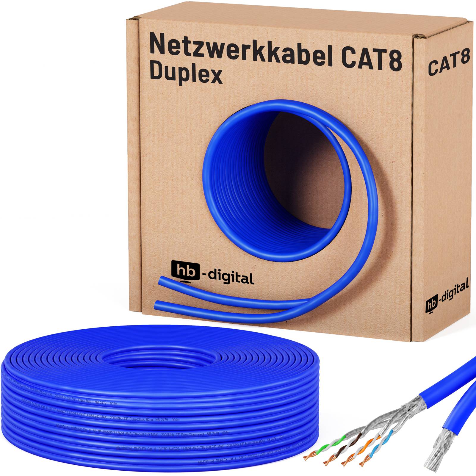 hb-digital CAT 8 Kabel 25m Netzwerkkabel Duplex max. 2000 MHz S/FTP AWG22 LSZH blau