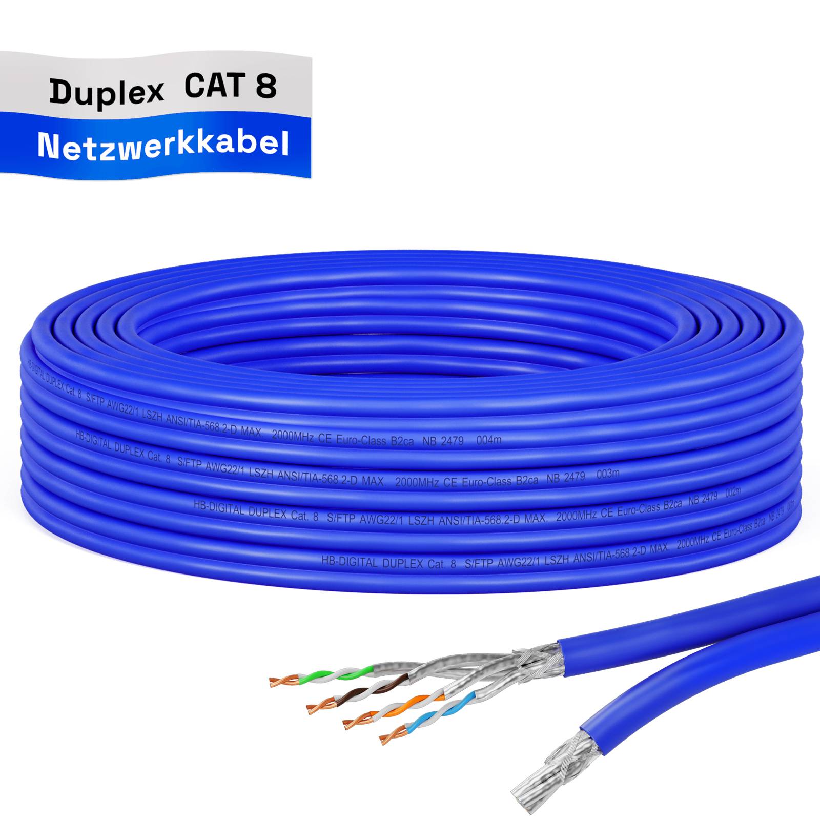 hb-digital CAT 8 Kabel Duplex Netzwerkkabel 10m max. 2000 MHz S/FTP AWG22 LSZH