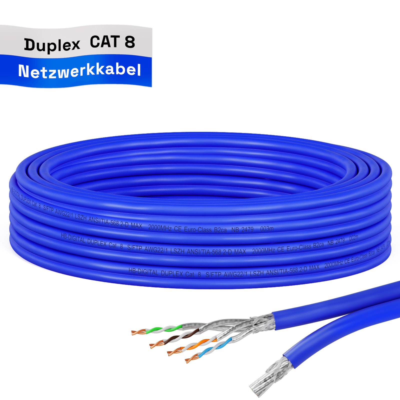 hb-digital CAT 8 Kabel Duplex Netzwerkkabel 5m max. 2000 MHz S/FTP AWG22 LSZH
