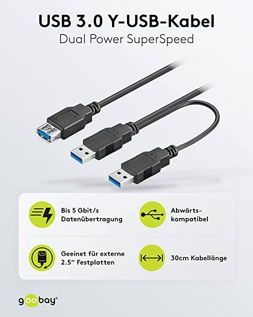 Goobay 95749 Dual USB Y Kabel Splitterkabel USB A 3.0 Stecker auf Buchse USB Weiche für externe Festplatte Schwarz 30 cm-1