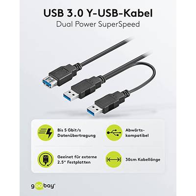 Goobay 95749 Dual USB Y Kabel Splitterkabel USB A 3.0 Stecker auf Buchse USB  Weiche für externe Festplatte Schwarz 30 cm kaufen