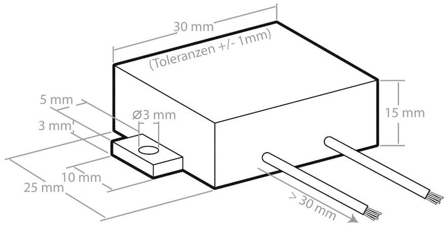 Technische Zeichnung eines rechteckigen Elektronikgehäuses mit Maßen: 30 mm x 25 mm x 15 mm. Zeigt Kabel und Befestigungslöcher.