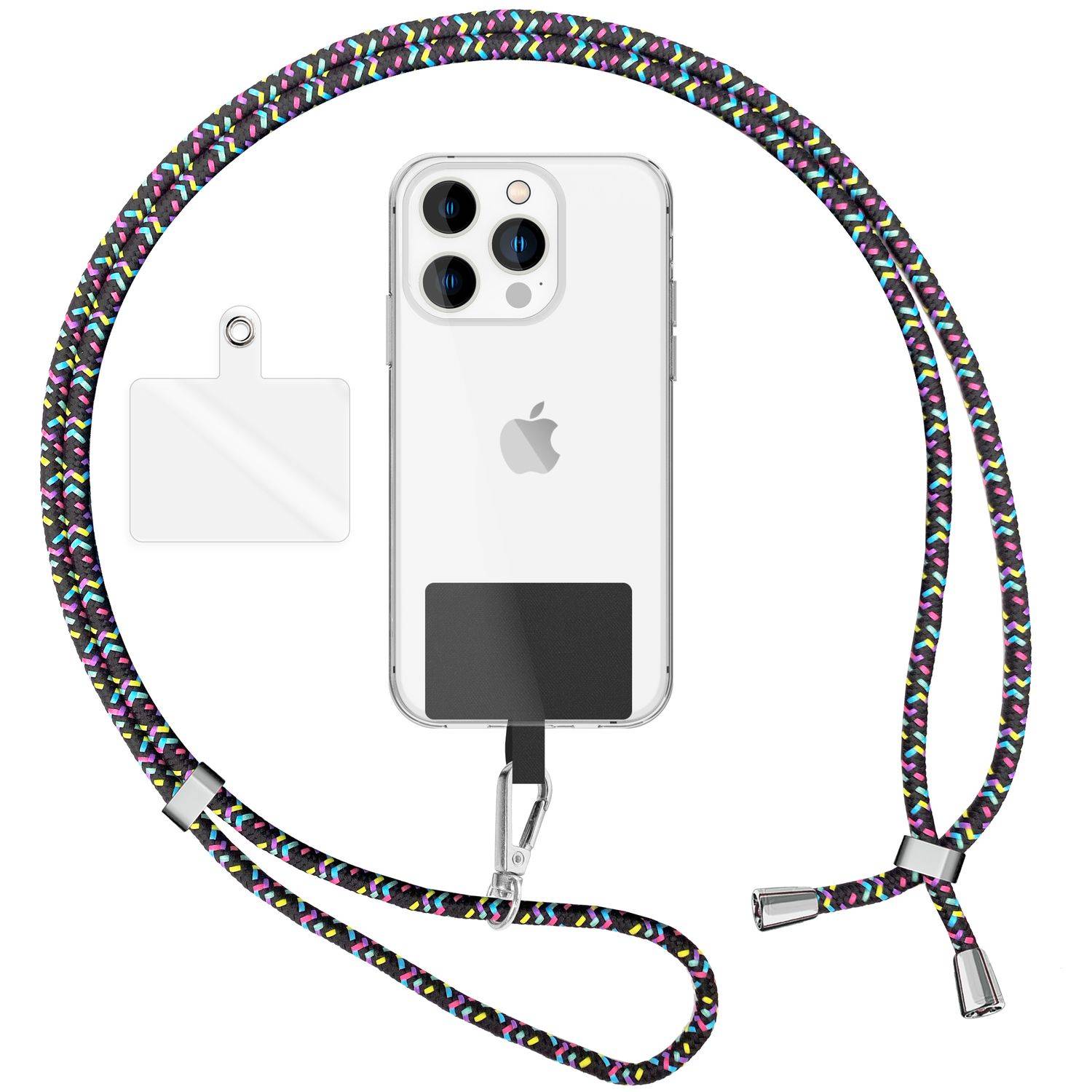 Universal Handykette zum Umhängen mit Pad & Karabiner-Haken für Smartphone Hülle Schwarz Bunt-0