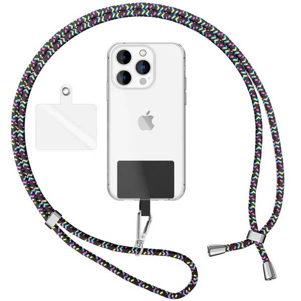 Universal Handykette zum Umhängen mit Pad & Karabiner-Haken für Smartphone Hülle Schwarz Bunt
