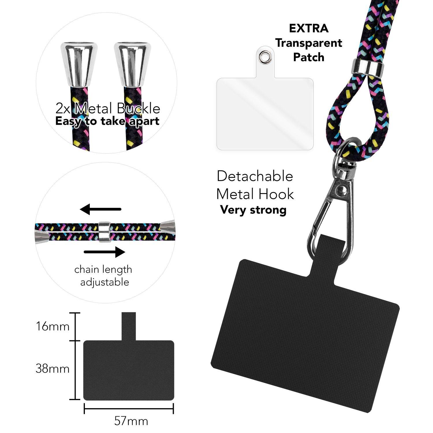 Universal Handykette zum Umhängen mit Pad & Karabiner-Haken für Smartphone Hülle Schwarz Bunt-2
