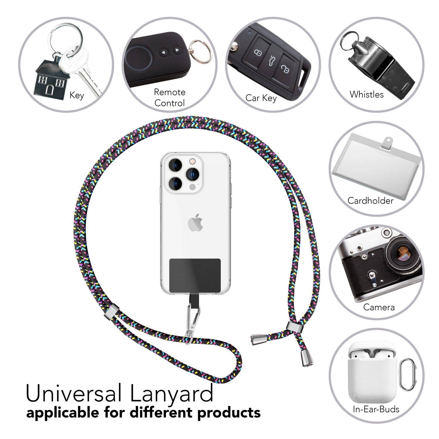 Universal Handykette zum Umhängen mit Pad & Karabiner-Haken für Smartphone Hülle Schwarz Bunt-3