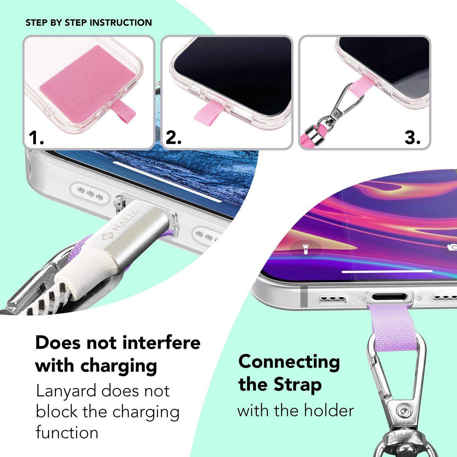 Universal Handykette zum Umhängen mit Pad & Karabiner-Haken für Smartphone Hülle Schwarz Bunt-4