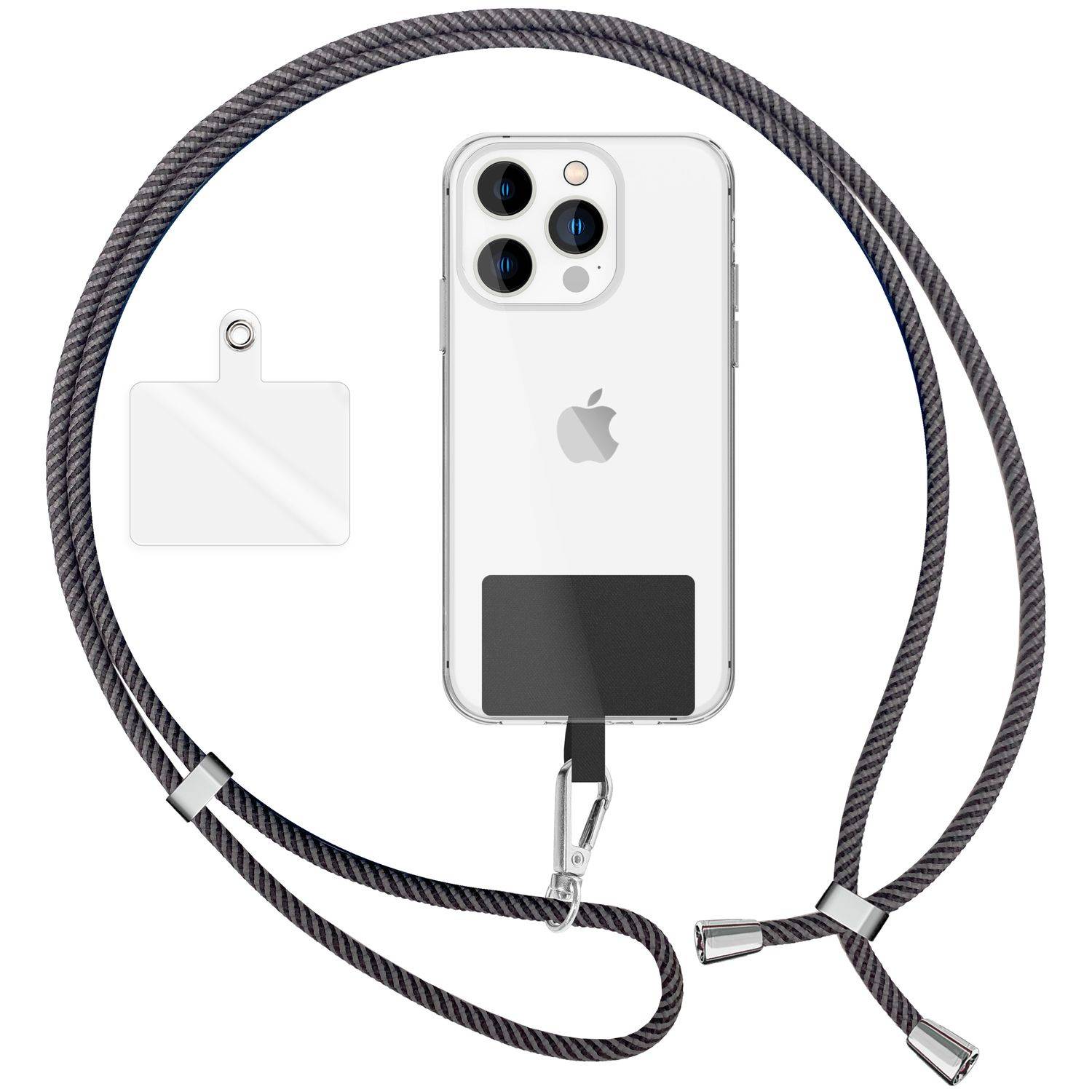 Universal Handykette zum Umhängen mit Pad & Karabiner-Haken für Smartphone Hülle Grau Schwarz-0