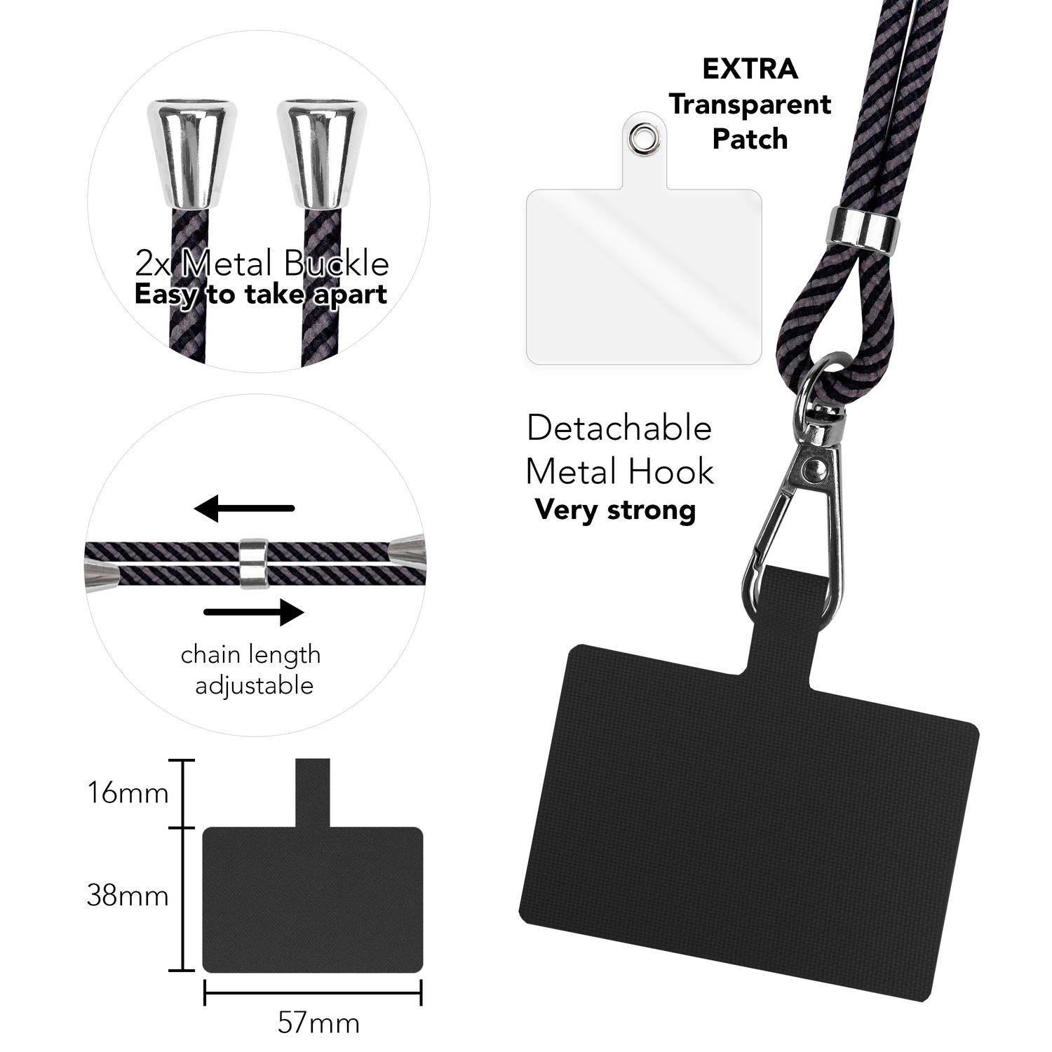 Universal Handykette zum Umhängen mit Pad & Karabiner-Haken für Smartphone Hülle Grau Schwarz-2