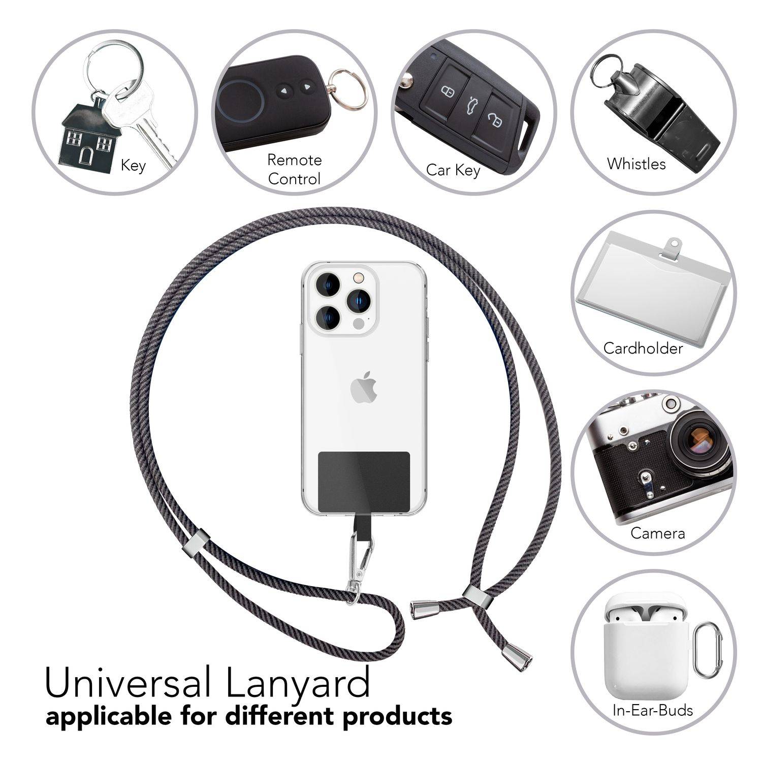 Universal Handykette zum Umhängen mit Pad & Karabiner-Haken für Smartphone Hülle Grau Schwarz-3