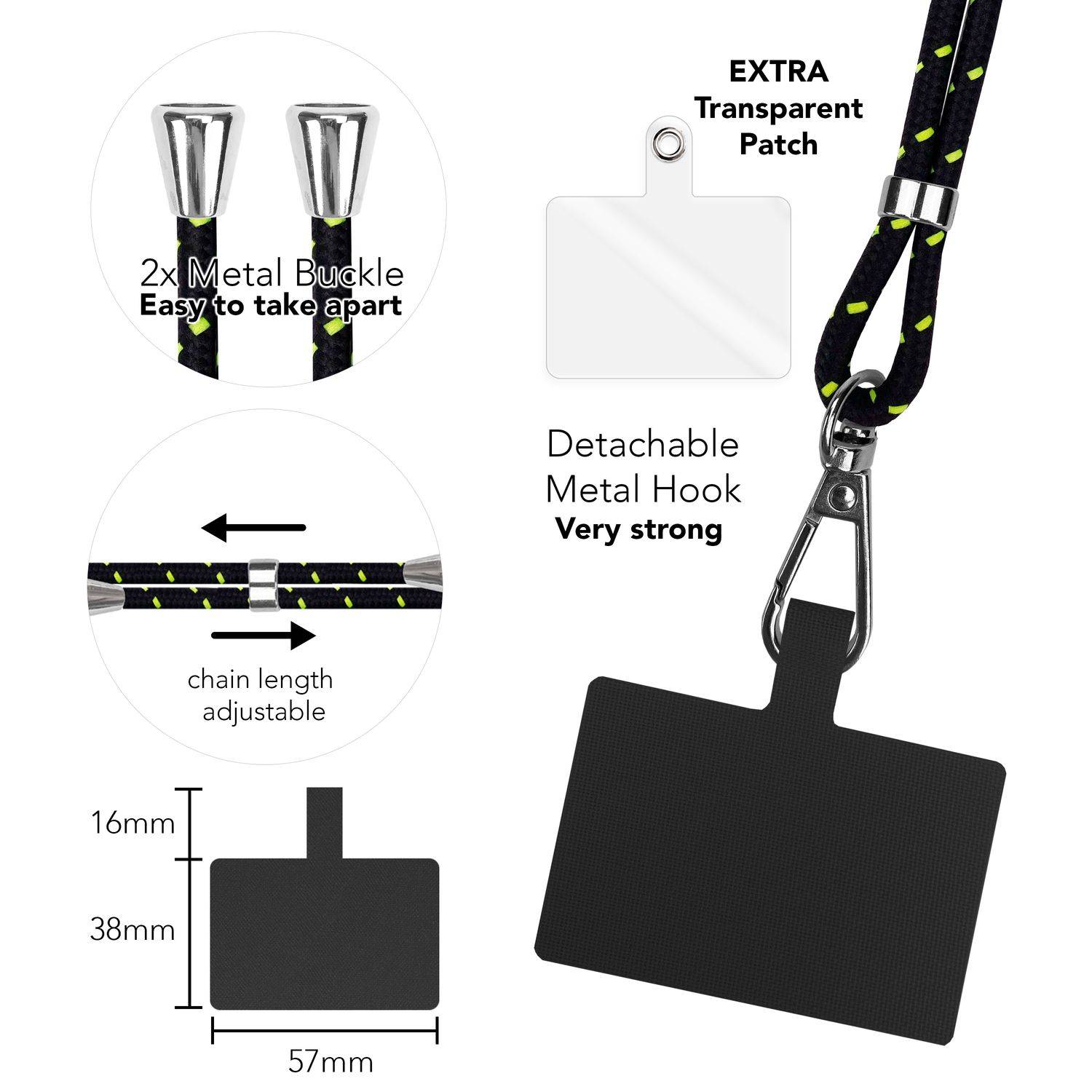 Universal Handykette zum Umhängen mit Pad & Karabiner-Haken für Smartphone Hülle Schwarz Grün-2