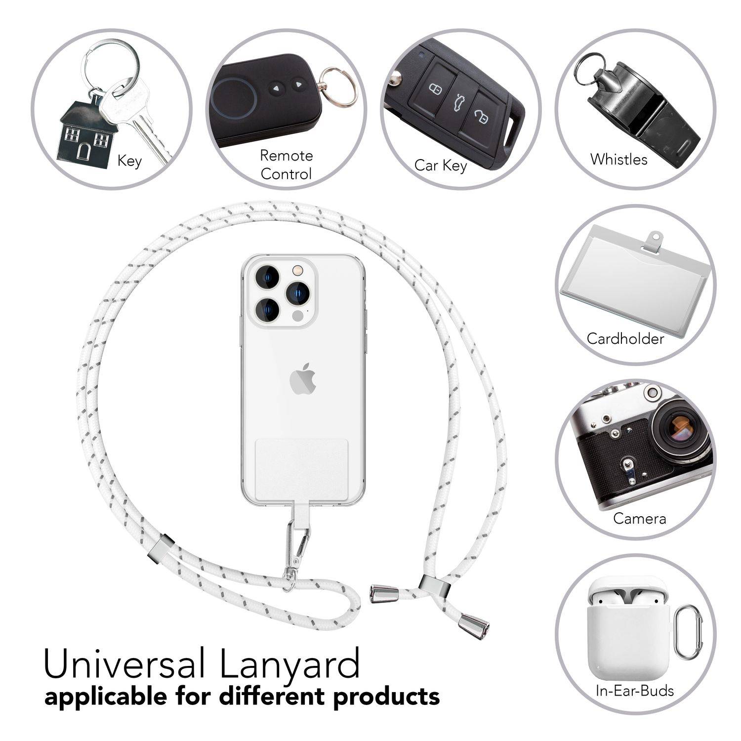 Universal Handykette zum Umhängen mit Pad & Karabiner-Haken für Smartphone Hülle Weiß Grau-3