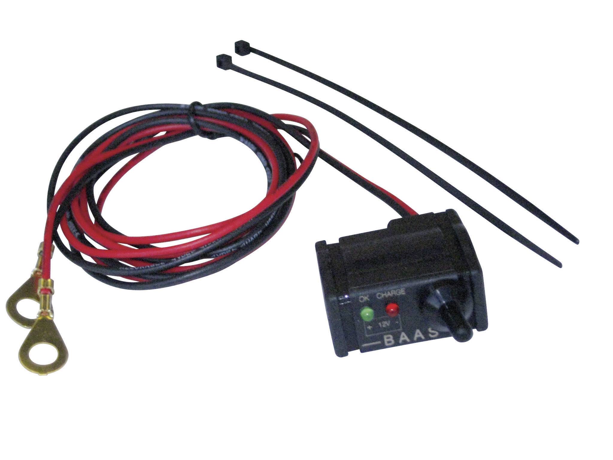 Ein Batterie-Ladegerät mit Kabeln und Klemmen zur Befestigung. Enthält LED-Anzeigen für Ladestatus und zwei Kabelbinder.