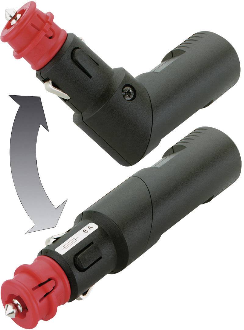 'Zwei schwarze Adapter mit rotem Steckkopf in verschiedenen Positionen, verbunden durch einen doppelten Pfeil, der Bewegung anzeigt.'