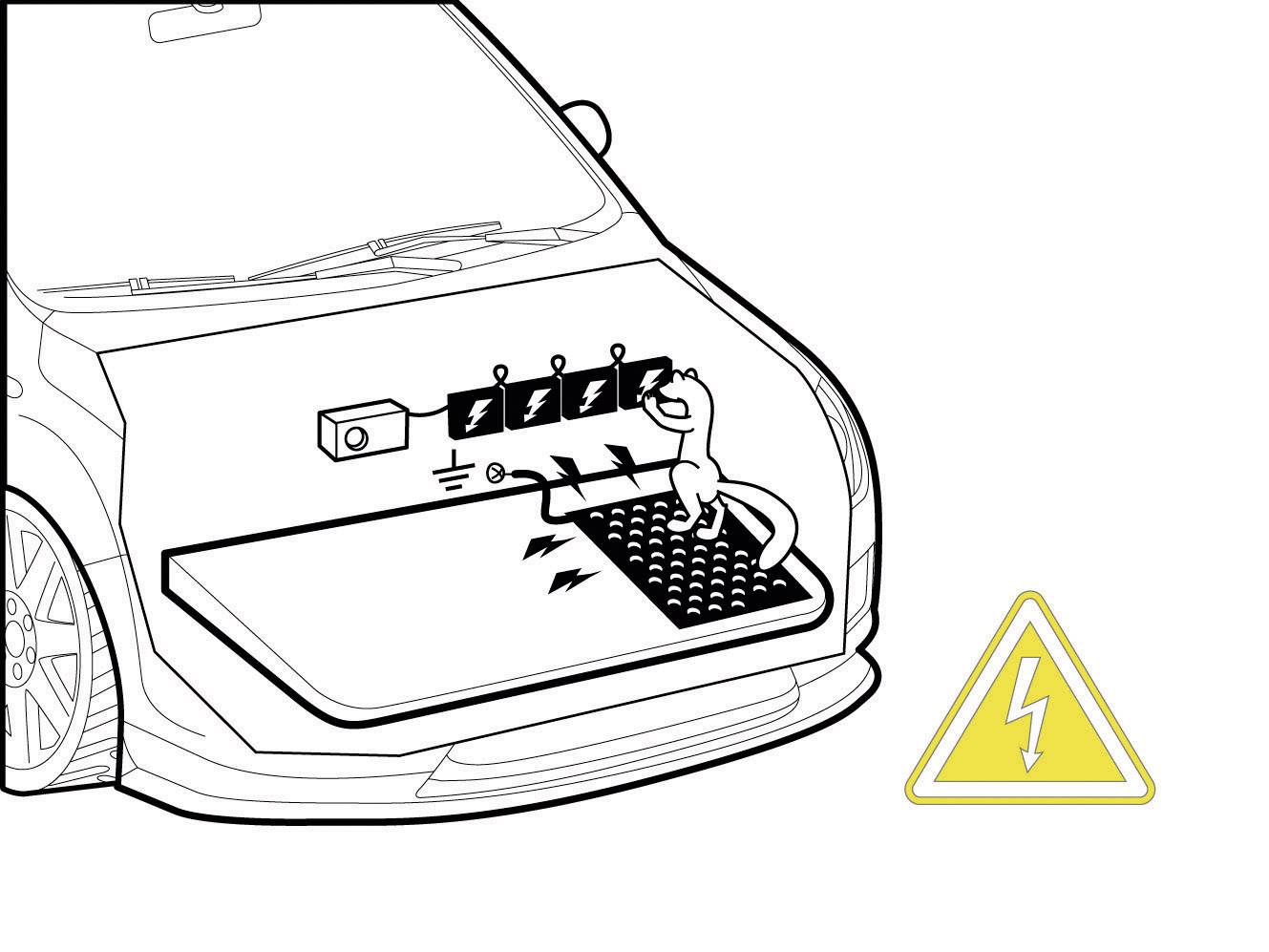 'Warnung: Elektroschockgefahr im Motorraum.' Ein Auto mit geöffneter Motorhaube zeigt Symbole für Hochspannung und elektrische Gefahren.