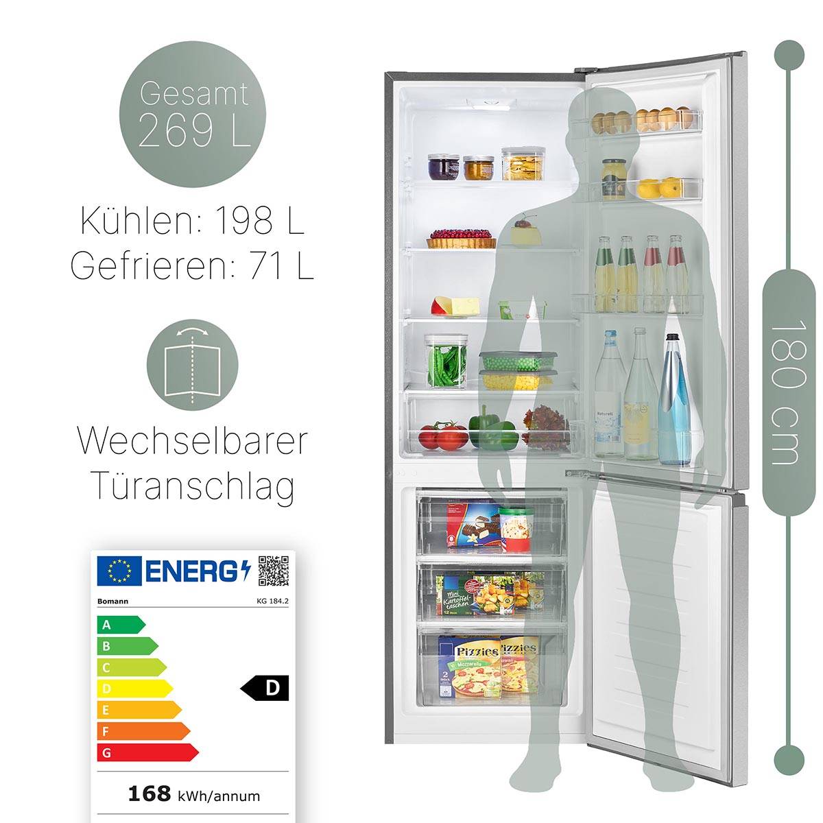 Bomann Kühl-/Gefrierkombination KG 184.2 Edelstahl-Optik, 269 L-1