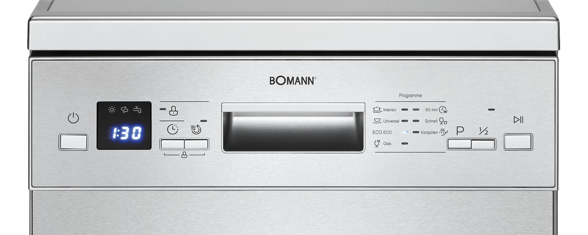 Das Bild zeigt die Bedienelemente einer Spülmaschine von Bomann. Ganz links ist der An-/Aus-Schalter, dann folgen das Display, zwei Tasten zum Einstellen der Zeit fürs Spülen und Trocknen, der Türöffner, Anzeigen für die verschiedenen Programme, die dazugehörigen Tasten und der Knopf zum Starten und Anhalten des Spülvorgangs. Der Hintergrund ist weiß.