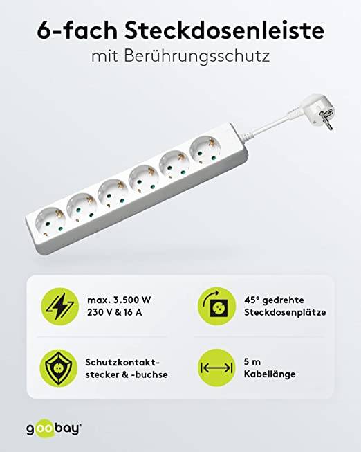 Goobay 38840 Steckdosenleiste mit 45° Buchsen 3500W 6er Mehrfachsteckdose 6 fach Steckdose Schutzkontakt 5m Kabel Weiß-1