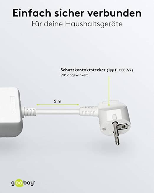 Goobay 38840 Steckdosenleiste mit 45° Buchsen 3500W 6er Mehrfachsteckdose 6 fach Steckdose Schutzkontakt 5m Kabel Weiß-2