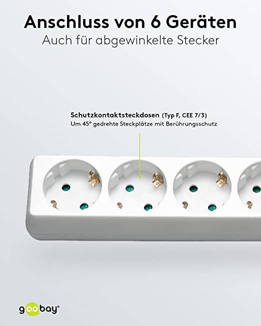 Goobay 38840 Steckdosenleiste mit 45° Buchsen 3500W 6er Mehrfachsteckdose 6 fach Steckdose Schutzkontakt 5m Kabel Weiß-3
