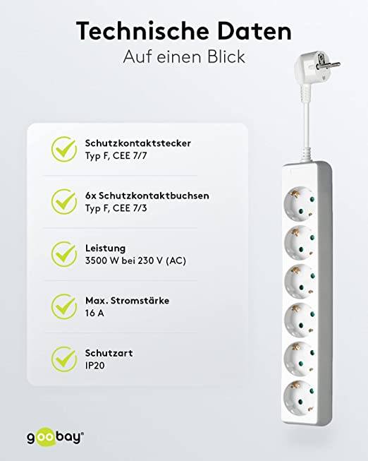 Goobay 38840 Steckdosenleiste mit 45° Buchsen 3500W 6er Mehrfachsteckdose 6 fach Steckdose Schutzkontakt 5m Kabel Weiß-4