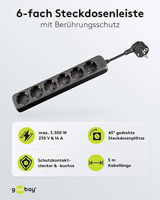 Goobay 38839 Steckdosenleiste mit 45° Buchsen 3500W 6er Mehrfachsteckdose 6fach Steckdose Schutzkontakt 5m Kabel Schwarz-1