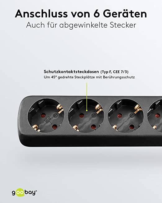 Goobay 38839 Steckdosenleiste mit 45° Buchsen 3500W 6er Mehrfachsteckdose 6fach Steckdose Schutzkontakt 5m Kabel Schwarz-3