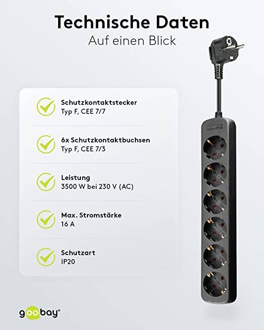 Goobay 38839 Steckdosenleiste mit 45° Buchsen 3500W 6er Mehrfachsteckdose 6fach Steckdose Schutzkontakt 5m Kabel Schwarz-4