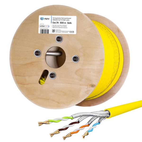 hb-digital CAT 7a Netzwerkkabel 500m Simplex Verlegekabel max. 1200 MHz S/FTP AWG23 LSZH gelb