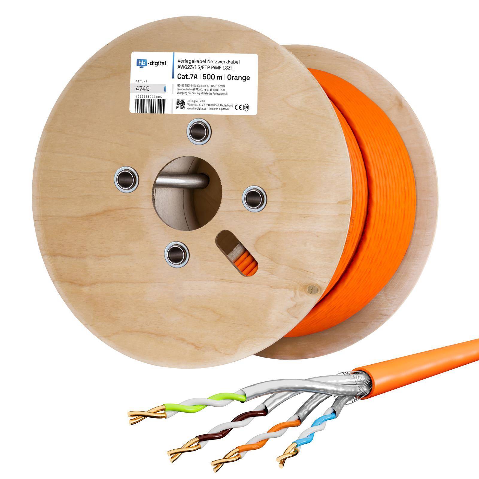 hb-digital CAT 7a Netzwerkkabel Verlegekabel 500m Installationskabel S/FTP AWG23 LSZH orange-0