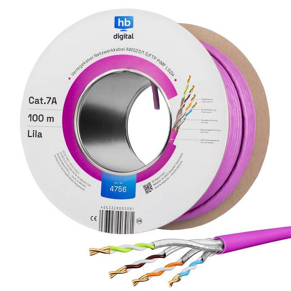 hb-digital Netzwerkkabel CAT 7a Verlegekabel 100m max.1200 MHz S/FTP AWG23 LSZH lila