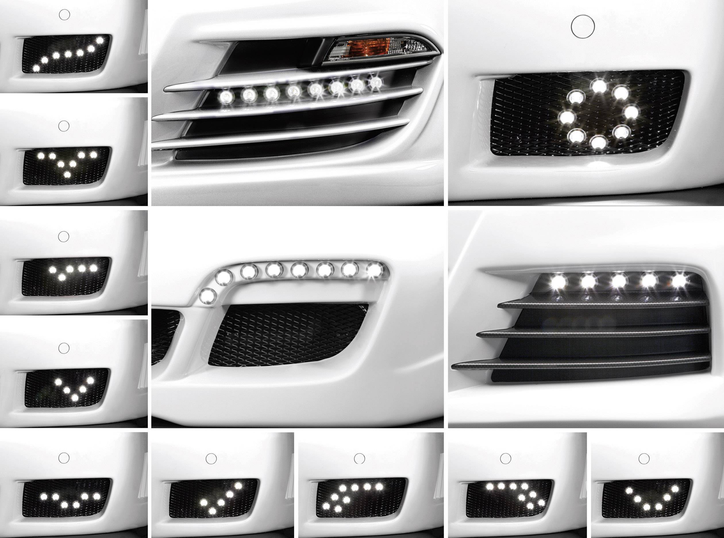 'Bild einer Collage von Autoleuchten, die verschiedene LED-Designs und Anordnungen für Fahrzeugfrontleuchten zeigt.'