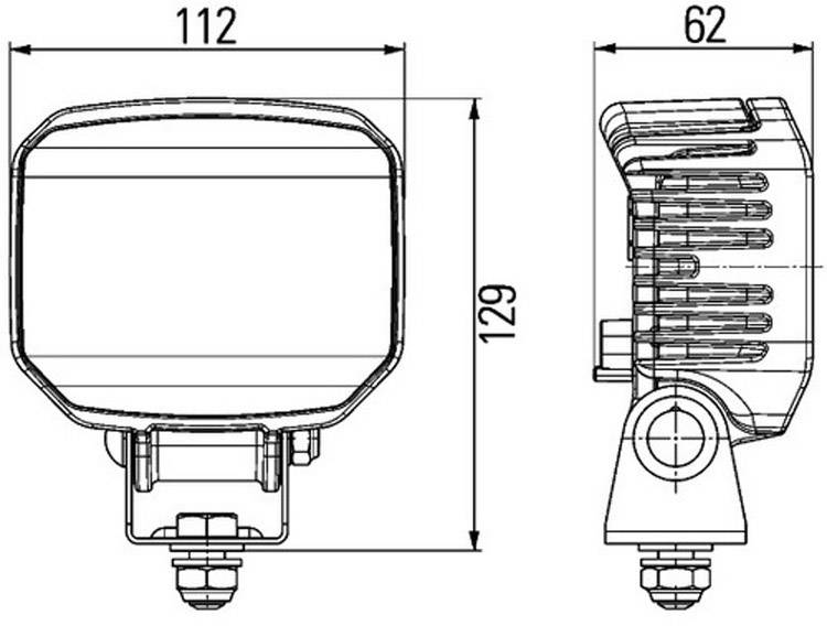 Technische Zeichnung eines rechteckigen Scheinwerfers mit Maßen: Breite 112 mm, Höhe 129 mm, Tiefe 62 mm, Seiten- und Vorderansicht.
