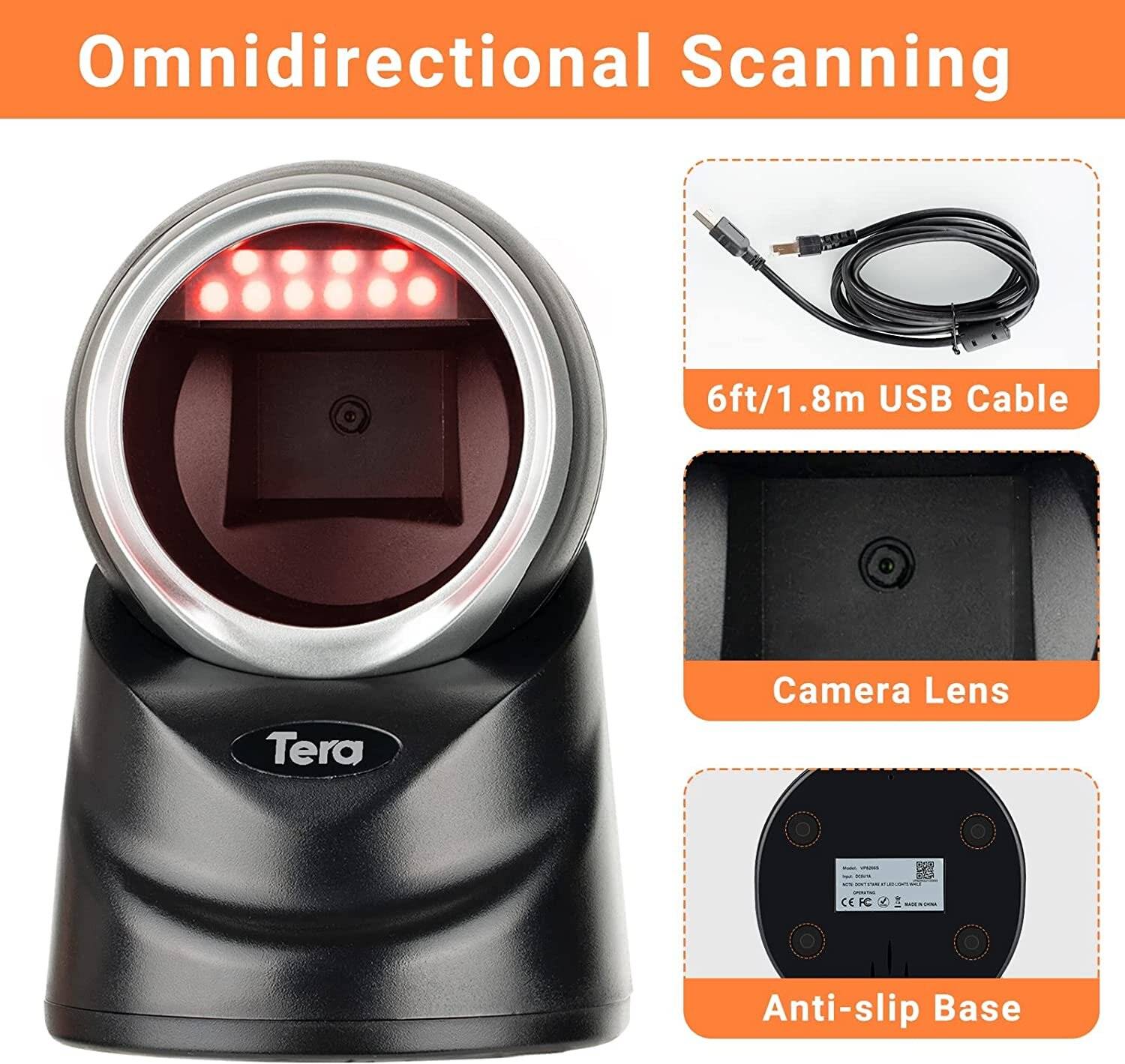 Tera Pro 2D QR Desktop Barcode Scanner Omnidirektional Scankopf USB Wired Handsfree Modell 9100-1