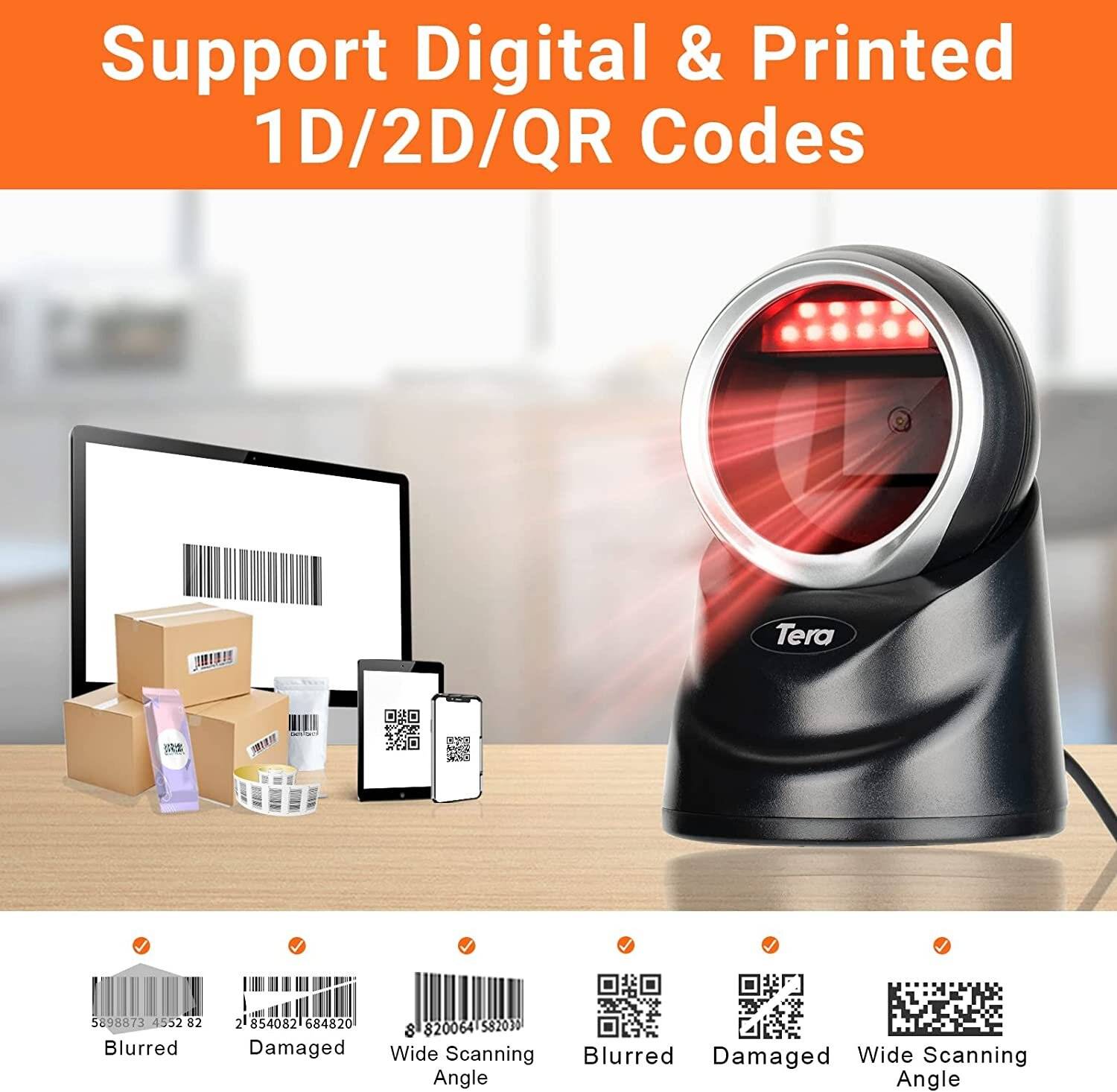 Tera Pro 2D QR Desktop Barcode Scanner Omnidirektional Scankopf USB Wired Handsfree Modell 9100-4
