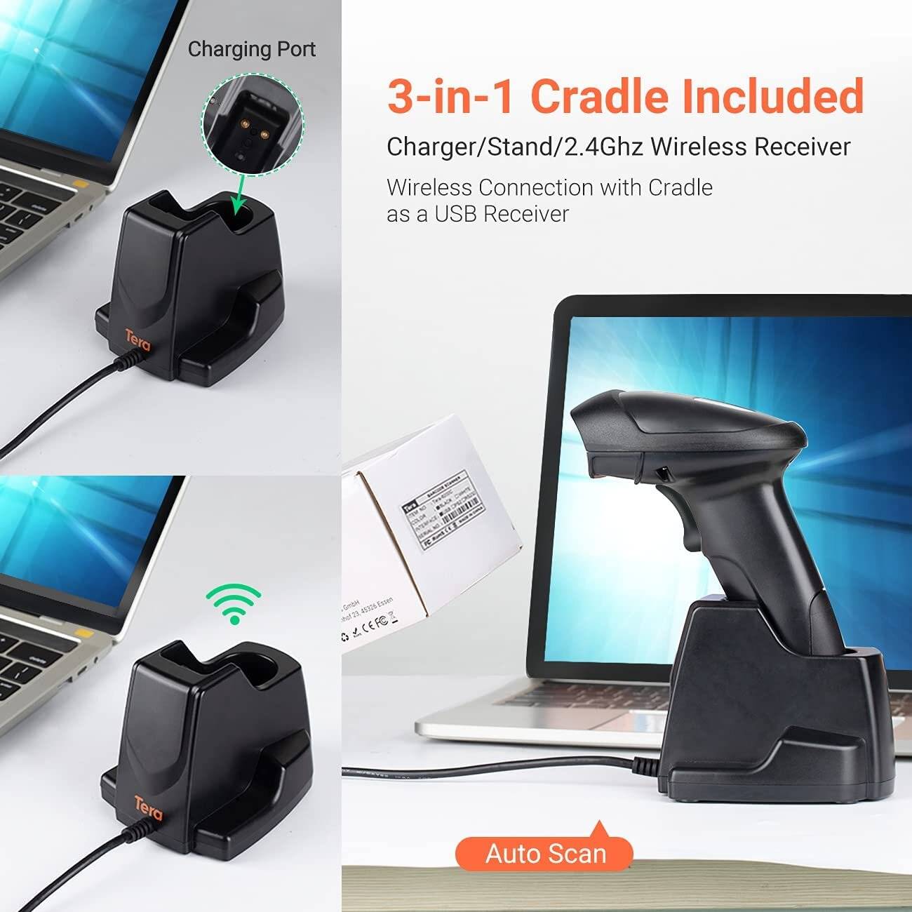 Tera D6100 1D 2D QR Wireless 2,4 GHz Barcodescanner Kabelloses Barcode-Lesegerät mit Ladeschale-1