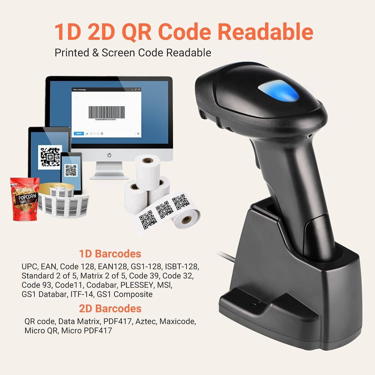 Tera D6100 1D 2D QR Wireless 2,4 GHz Barcodescanner Kabelloses Barcode-Lesegerät mit Ladeschale-2
