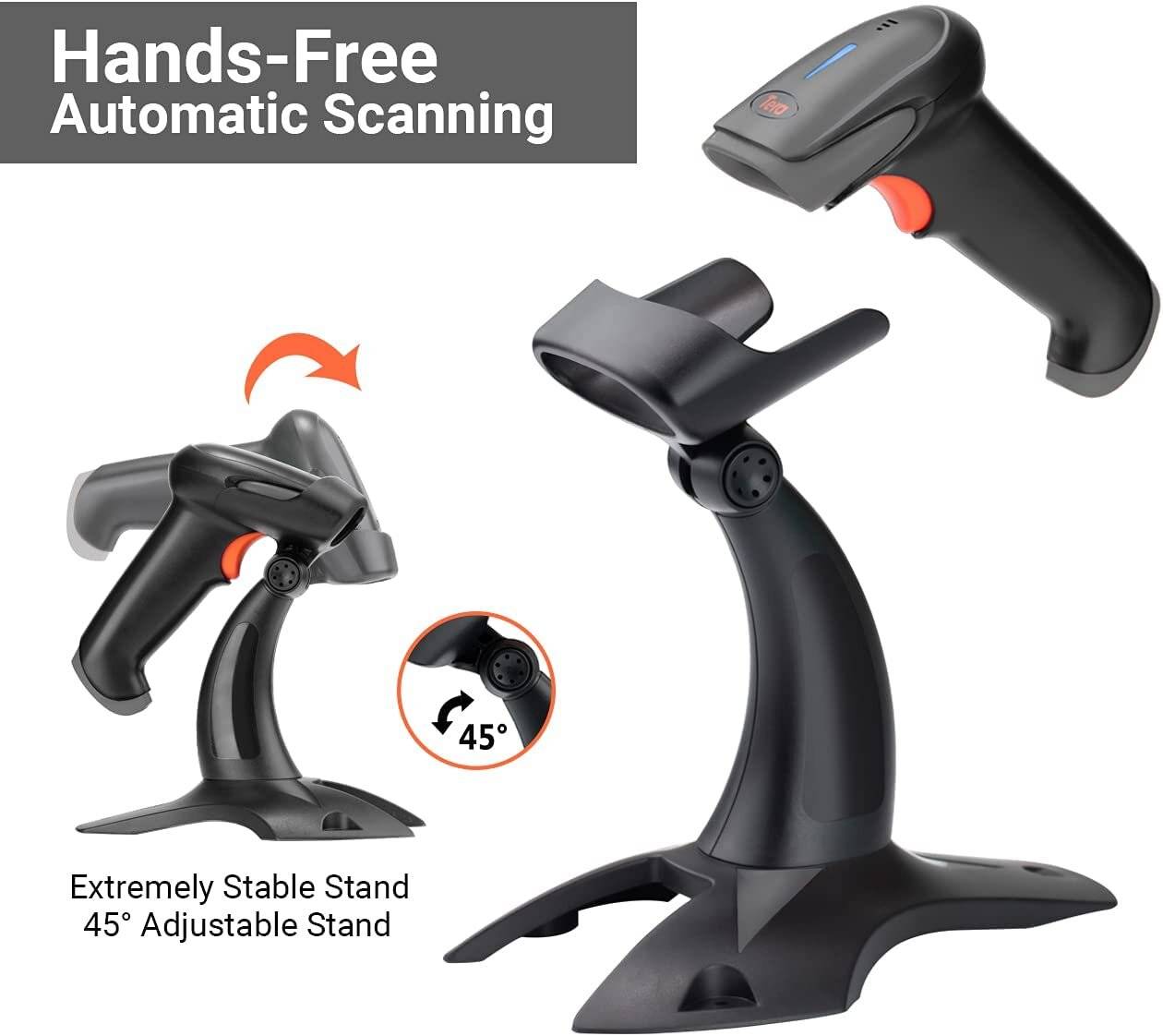 Tera Barcode Scanner 2.4 GHz/Bluetooth/USB 2000mAh Akku /Kabel/Ständer, HW0002 Grau-2