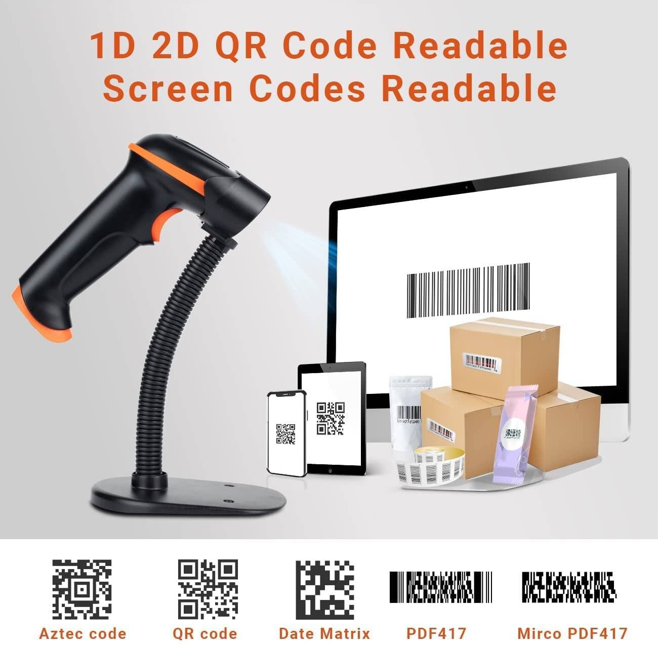 Tera Barcode Scanner 1D 2D QR Kabellos 2,4 GHz USB 2,0 Handscanner Ständer D5100-2