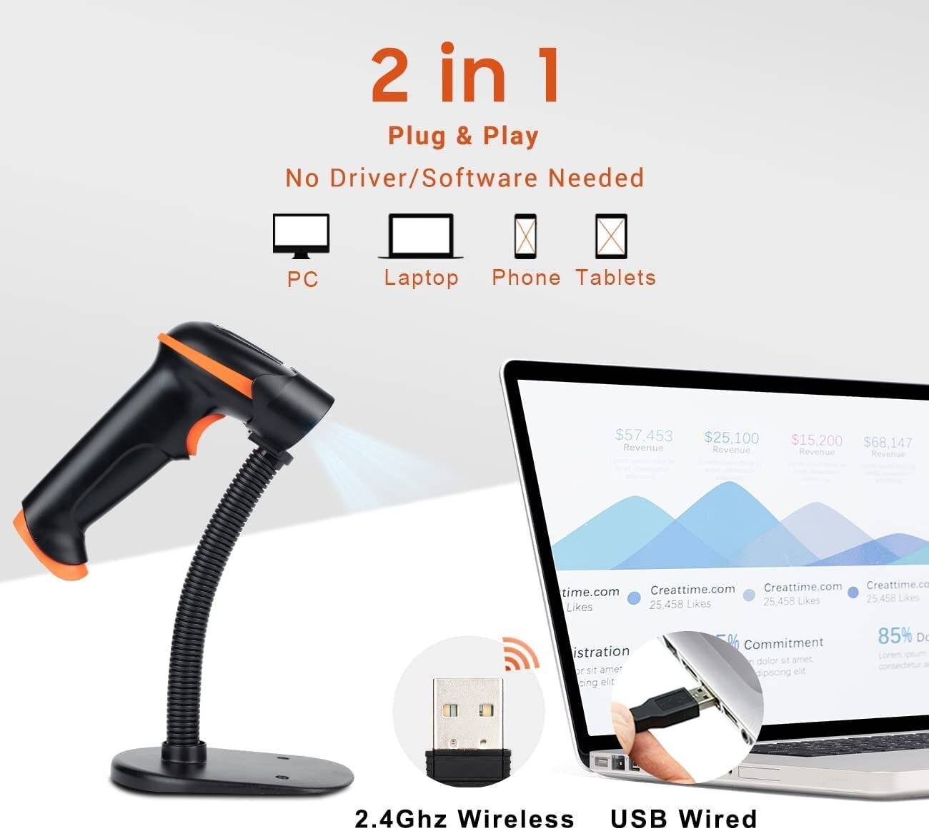 Tera Barcode Scanner 1D 2D QR Kabellos 2,4 GHz USB 2,0 Handscanner Ständer D5100-4