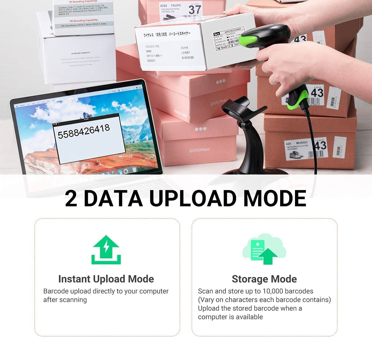 Tera Barcode Scanner 2D 1D Wireless 2.4 GHz/Bluetooth/USB 2000mAh Akku Kabel Ständer HW0002 Grün-5