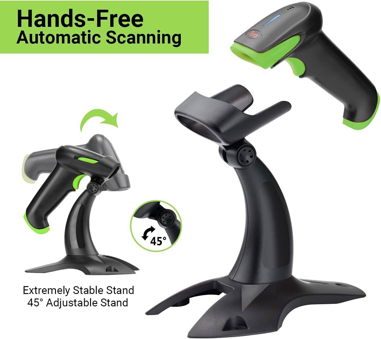 Tera Barcode Scanner 2D 1D Wireless 2.4 GHz/Bluetooth/USB 2000mAh Akku Kabel Ständer HW0002 Grün-2
