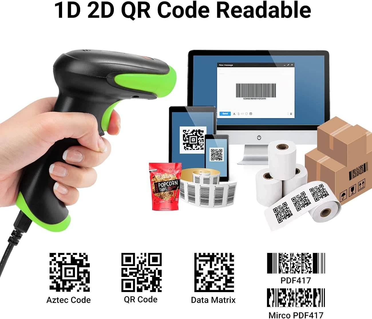 Tera Barcode Scanner 2D 1D Wireless 2.4 GHz/Bluetooth/USB 2000mAh Akku Kabel Ständer HW0002 Grün-3