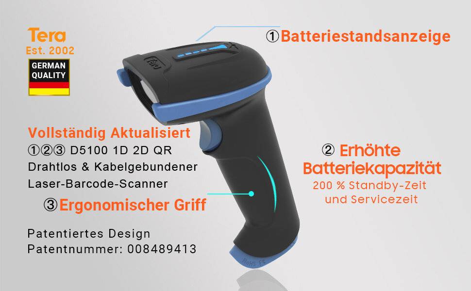 Tera Barcode Scanner D5100 2D Wireless Barcode Scanner Keil blau-4