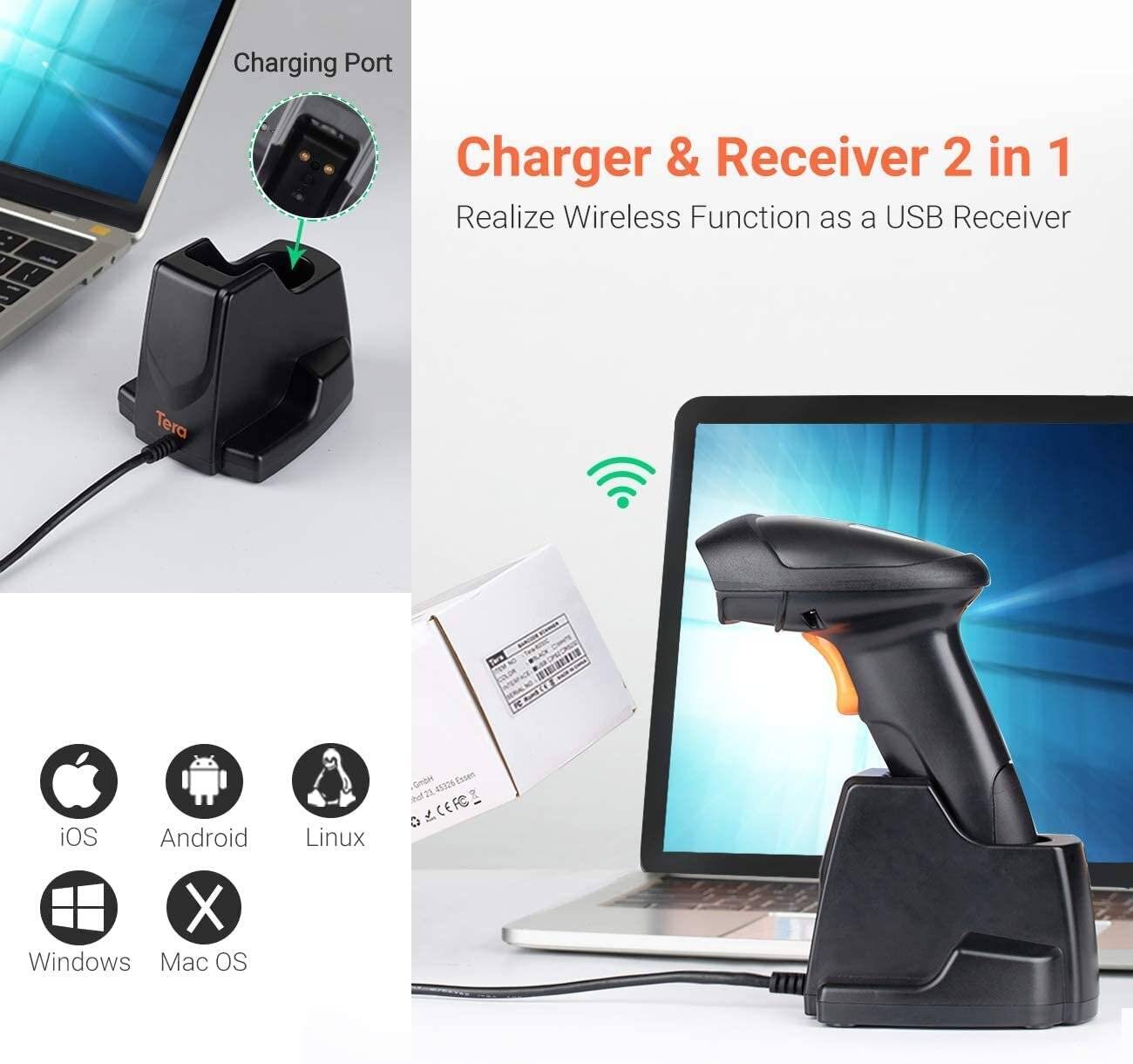 Tera Pro Barcodescanner QR 2D 1D Bluetooth2,4G mit USB Ladestation HW0007 Orange-2