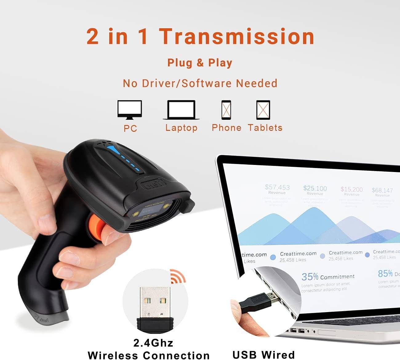 Tera Kabelloser Barcodescanner Handheld 1D USB Akku 2000mAh Modell 5100 Dunkles Schwarz-3
