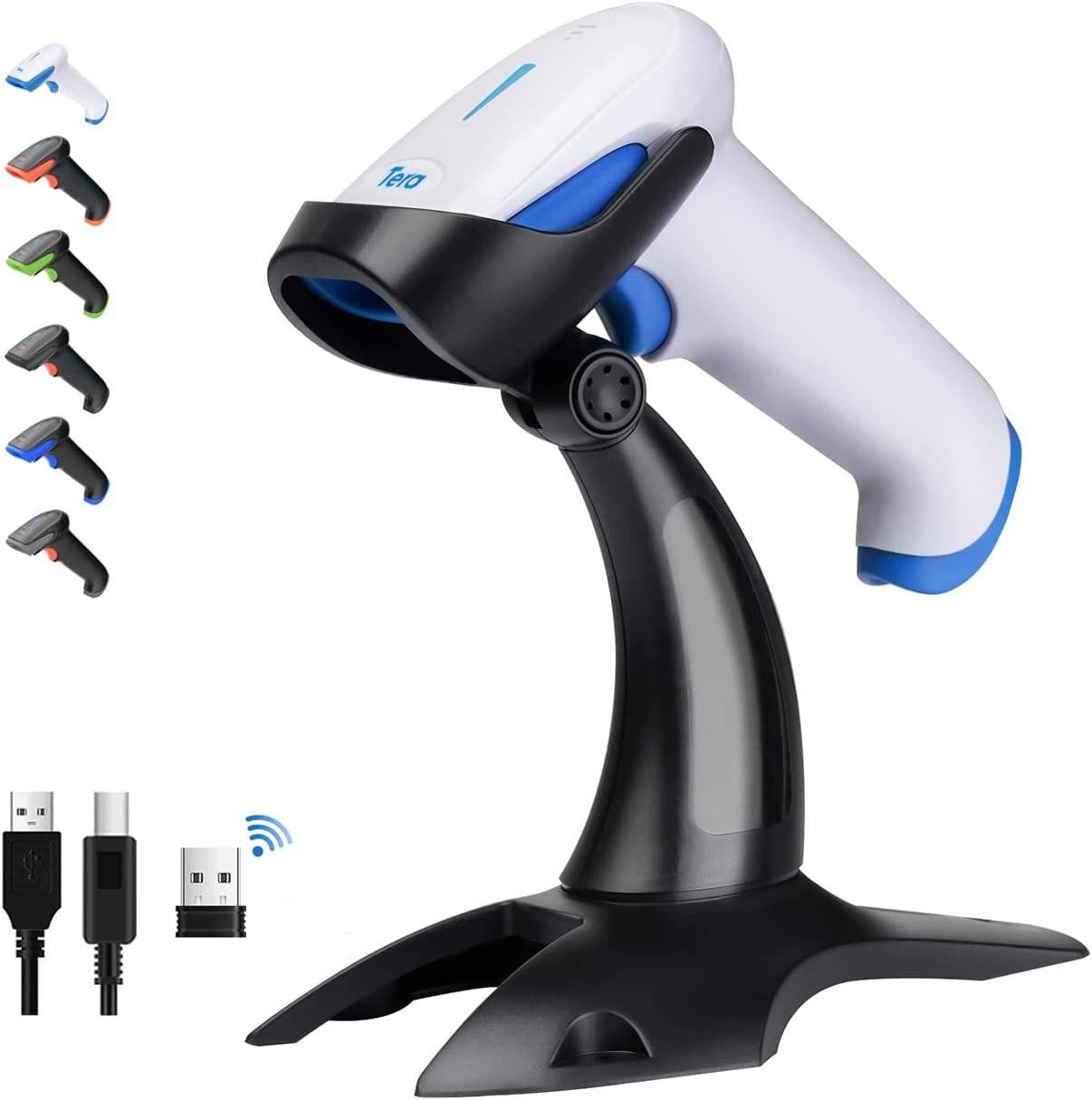 Tera Barcode Scanner 2.4 GHz/Bluetooth/USB 2000mAh Akku /Kabel/Ständer, HW0002 Weiß und Blau-0