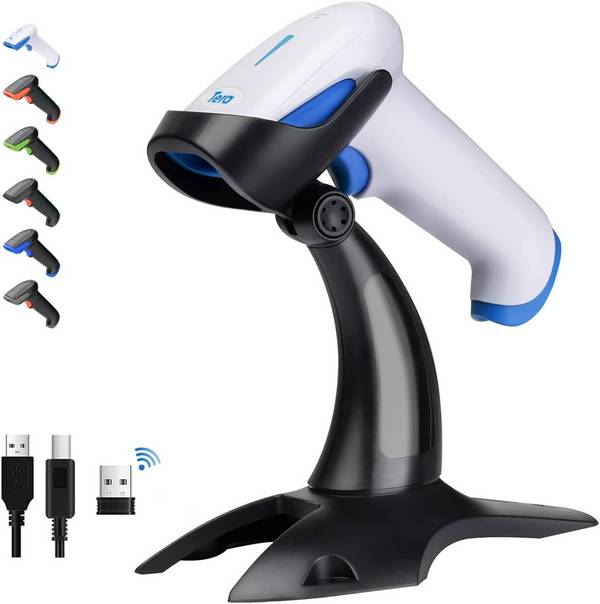 Tera Barcode Scanner 2.4 GHz/Bluetooth/USB 2000mAh Akku /Kabel/Ständer, HW0002 Weiß und Blau